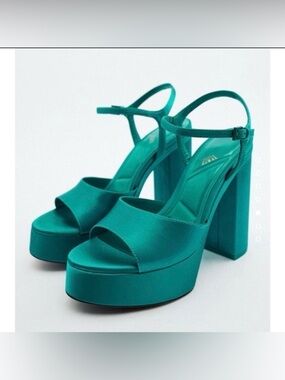 Zara - Teal Satin Platform High Heel Sandals - Women size 8